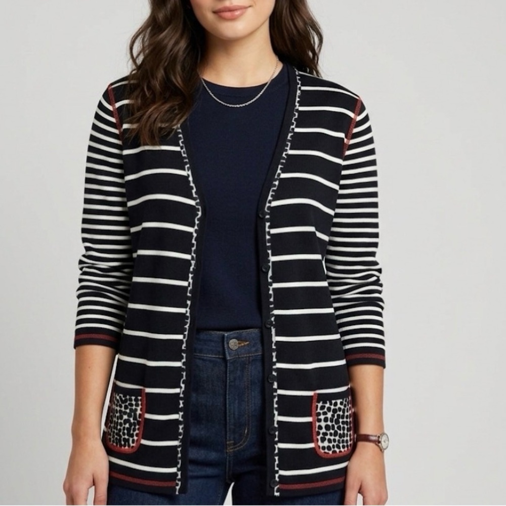 Gerry Weber Navy Stripe Knit Cardigan Size 16 Red Contrast Stitch Animal Print